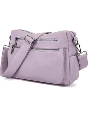 Women's S-Purple Faux Leather Adjustable Wide Strap with 10 Pockets Shoulder Bag